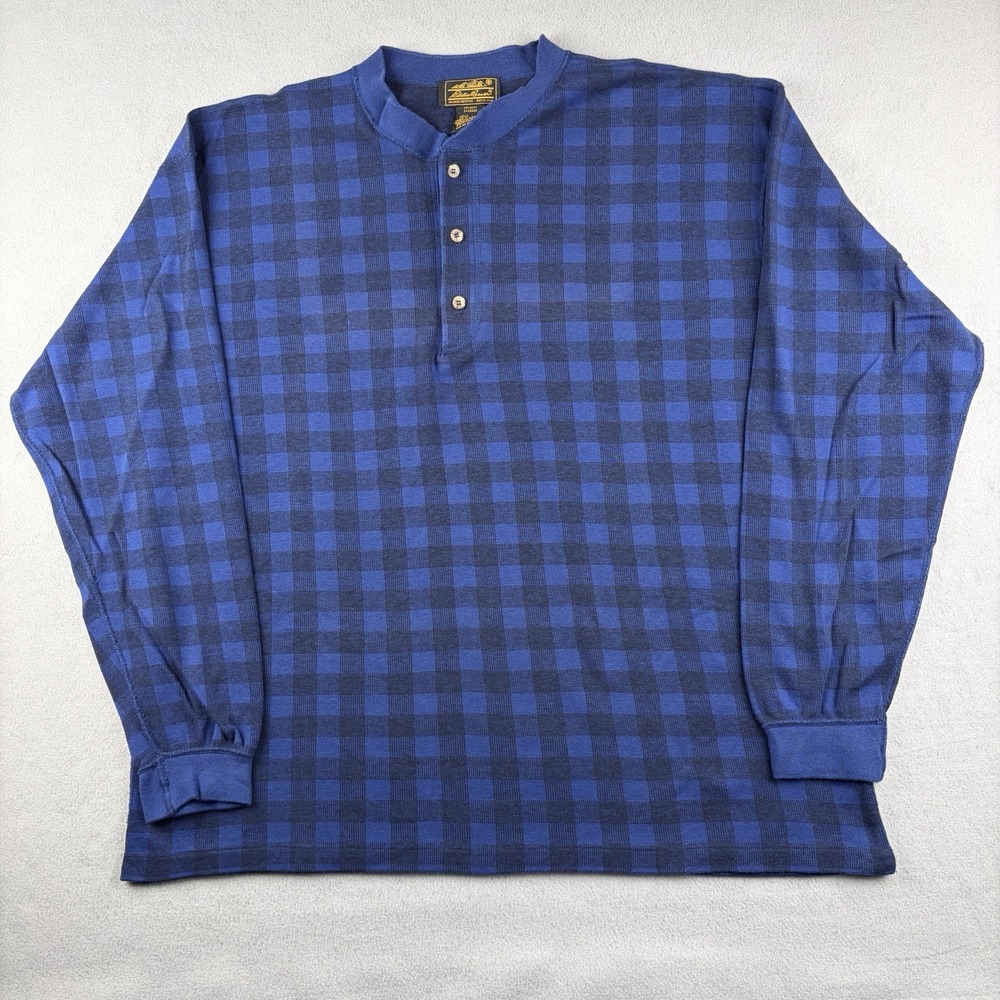 Vintage 90s Eddie Bauer Henley Shirt Men's XL Blue Plaid Made USA Cotton